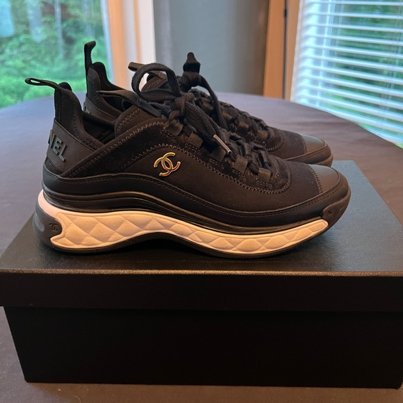 CHANEL Sport Trail Lace Up Sneaker Walking Shoes Black EU 37 EUC 2022 - Picture 1 of 14